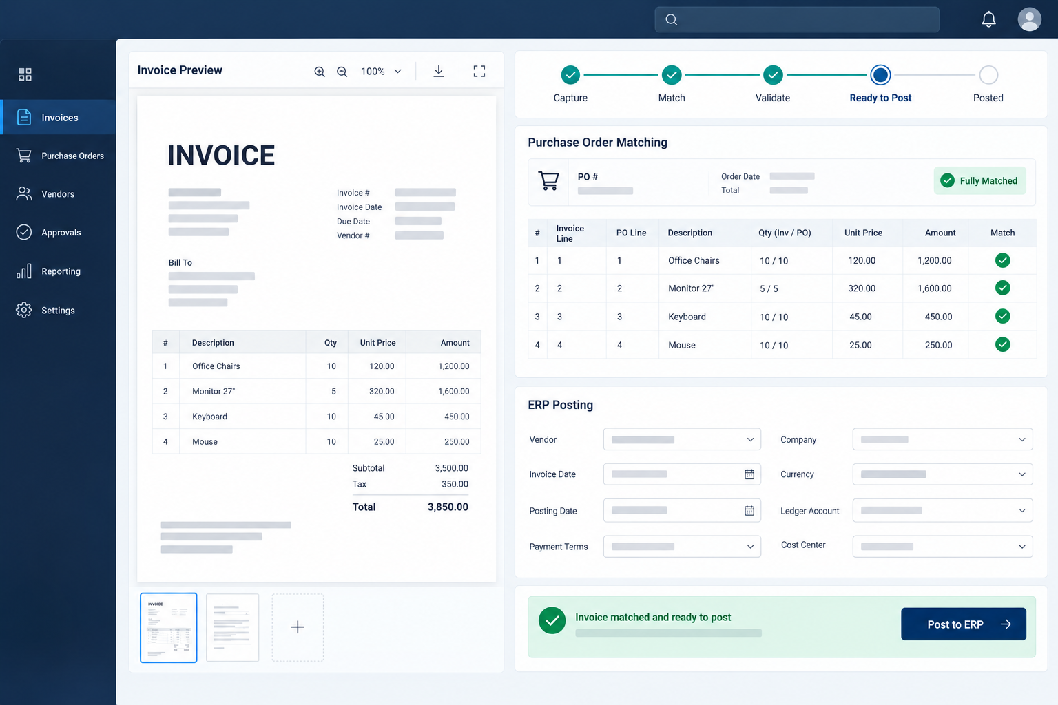 Dashboard voor matching en ERP-boeking van inkomende facturen